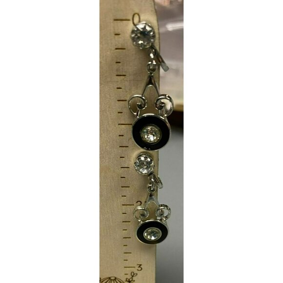 Vintage Vargas Black Enamel Silver tone with Rhinestone Center Dangle Screw-back - Picture 5 of 5